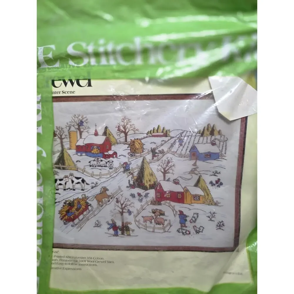 Vtg 1979 Winter Scene Crewel Needle Craft Kit Creative Expressions 18x24 Wool